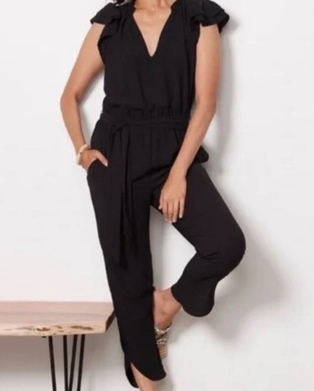 Evereve Nellie Flutter Jumpsuit Crop Wide Leg Pockets Comfortable Easy Style XS